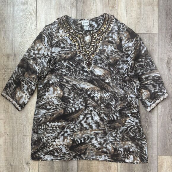 Chicos Womens Beaded Tunic Size 3 Sheer Maximalist Mob Wife Glam Boho Ethnic - Picture 3 of 15